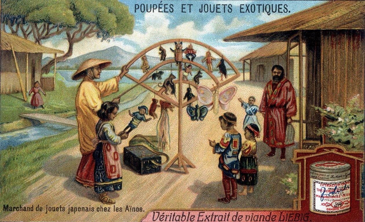 Lalki i egzotyczne zabawki: japoński sprzedawca zabawek z plemienia Ainu (Ainu) z Chishimy. Chromolitografia produktów Liebiga. autorstwa French School