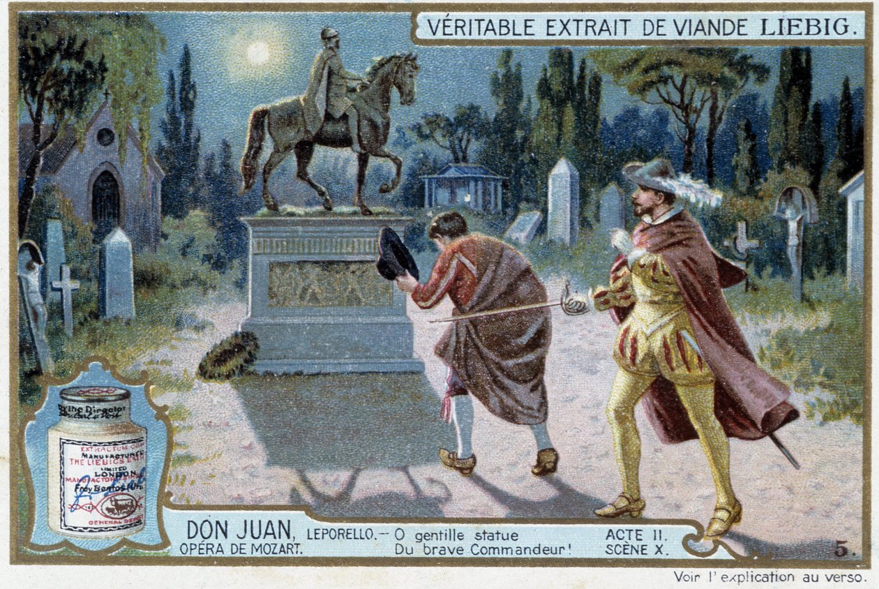 Don Juan: Akt II, Scena X, Don Juan na cmentarzu i pomnik Komendanta - chromo Liebig autorstwa French School
