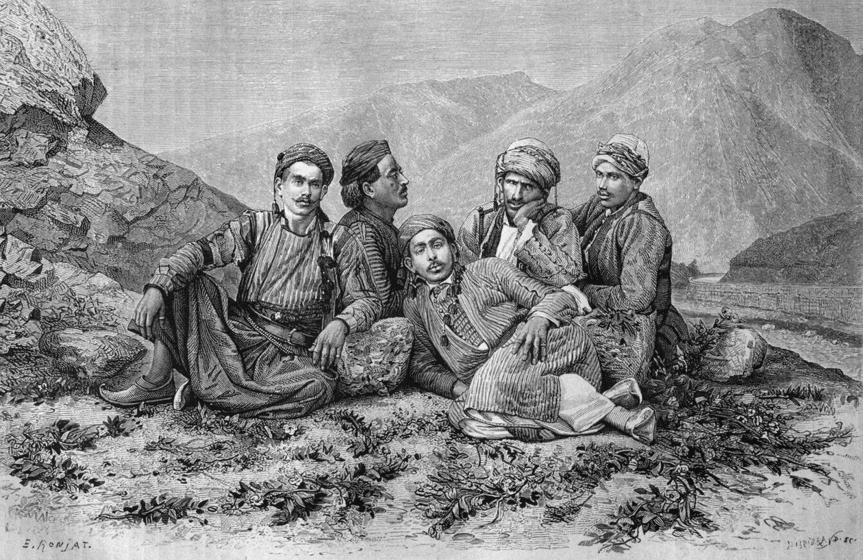 Kierowcy osłów z dzisiejszej Syrii. Podróżuje po Fenicji, Libanie i Judei. 1875-1880 Louis Charles Emile Lortet, 1884 (bw grawerowanie) autorstwa French School