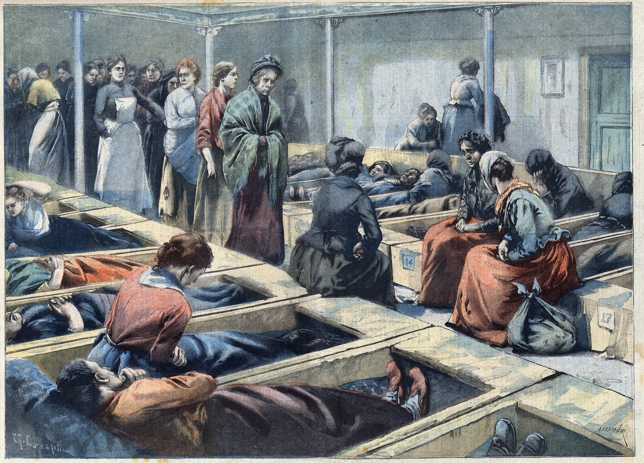 Dormitorium nocnego azylu w Londynie, Anglia uważana za schronienie dla kobiet, w „Le Petit Parisien” autorstwa French School