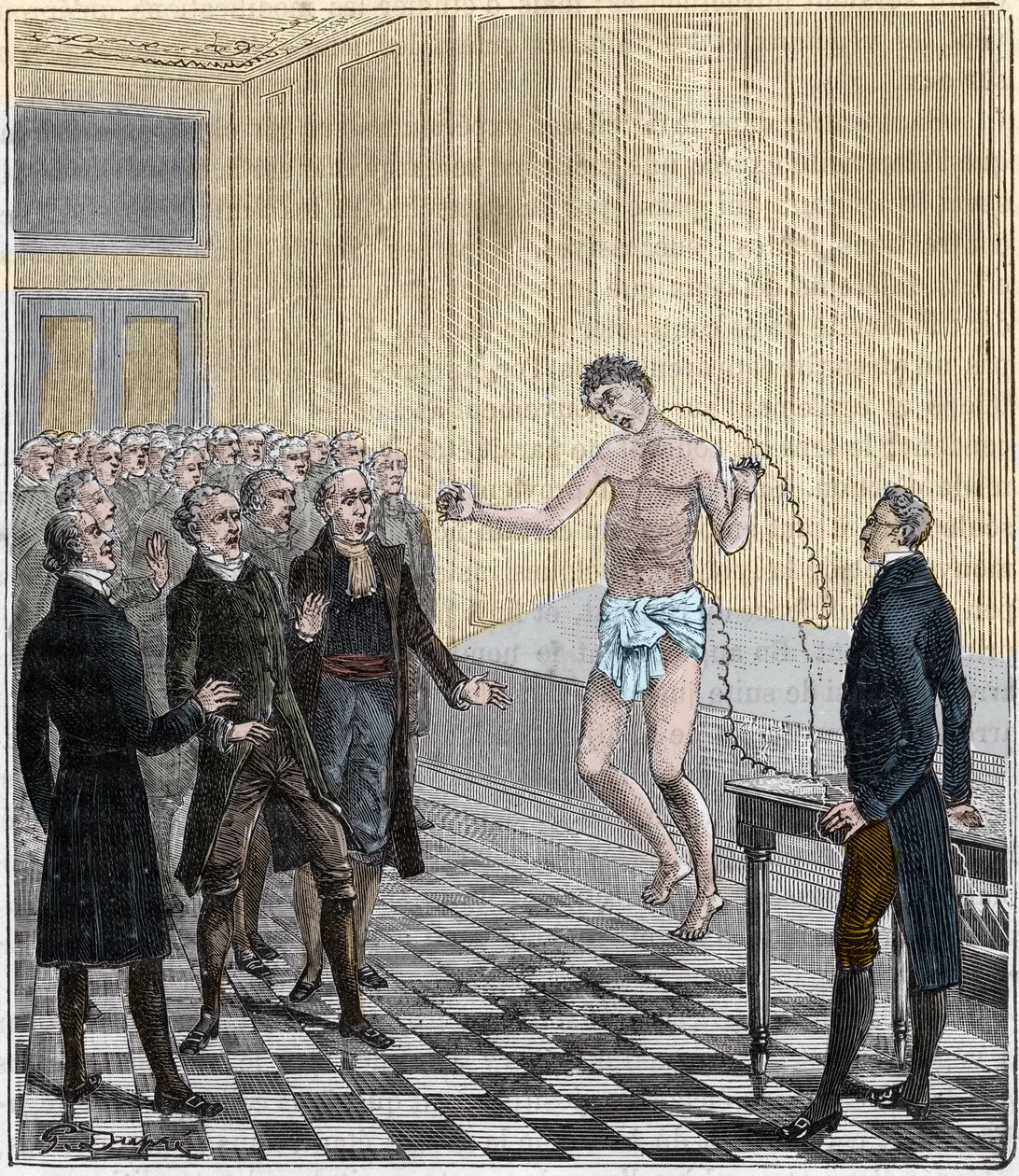 Dr Andrew Ure przeprowadzający eksperymenty woltaiczne na ciele straconego mordercy, Clydesdale, w 1818 r. - Doświadczenie Andrew Ure