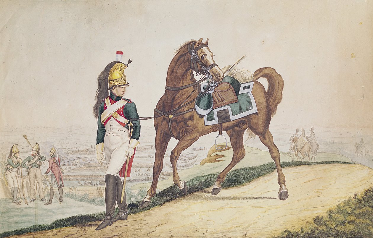 Dragoni francuskiej armii cesarskiej (gwasz na papierze) autorstwa French School