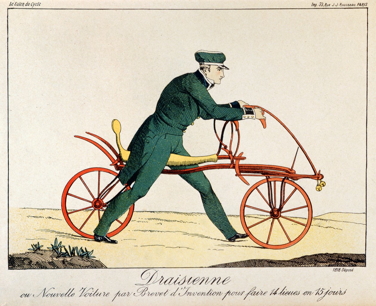 Draisienne, przodek roweru, 1820 (kolor grawerowany) autorstwa French School