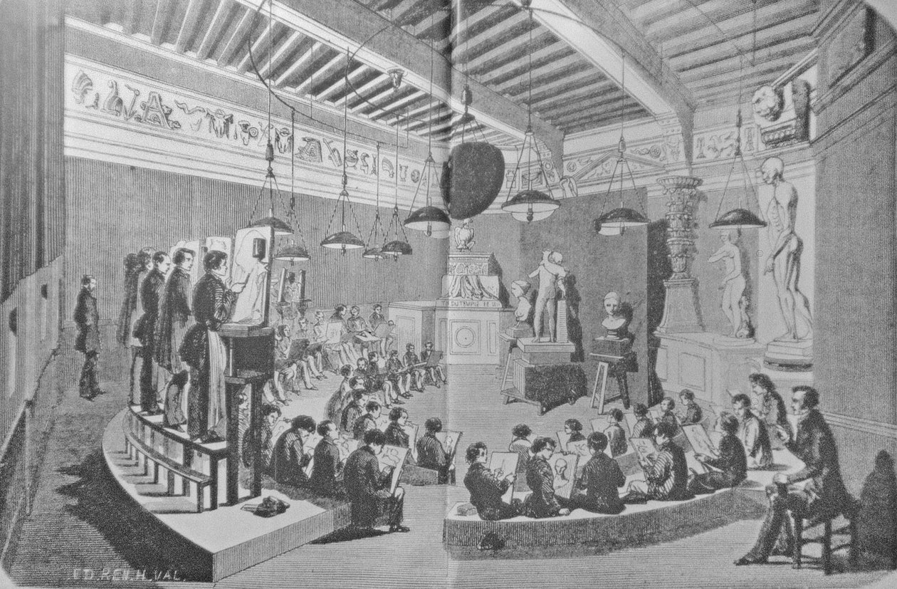 Lekcja rysunku z rzeźby, Royal Free School of Art (litografia) autorstwa French School