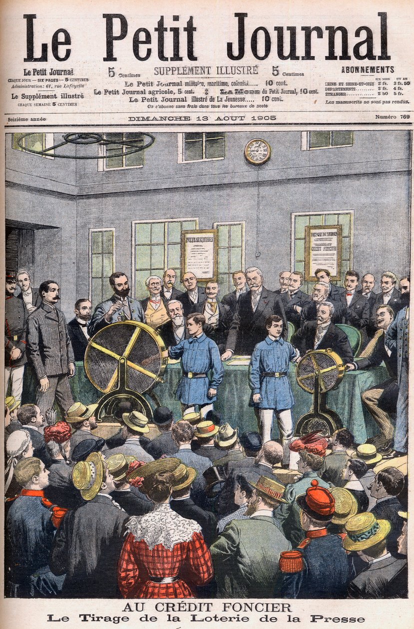 Losowanie loterii prasowej w biurach Credit Foncier z Francji do Paryża. Kredyt gruntowy. Losowanie loterii prasowej. Ilustracja do Le petit Journal autorstwa French School