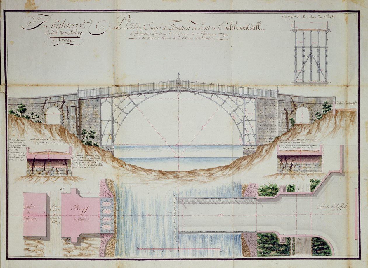 Rysunki i przekrój mostu żelaznego zbudowanego w 1779 w Coalbrookdale, Shropshire, Anglia, 1784 (pióro, atrament i toaleta na papierze) autorstwa French School