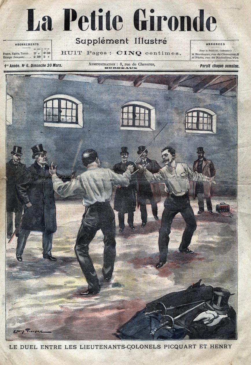 Afera Dreyfusa: pojedynek podpułkowników Georgesa Picquarta (1854-1914) z Hubertem Henrym (1846-1898) w szkole wojskowej w Paryżu. Okładka „La petite Gironde” z marca 1898 (rycina) autorstwa French School