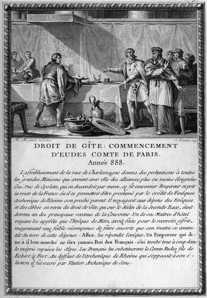Droit de Gite, Początek Eudes, hrabiego Paryża, rok 888. Król Guy (Gui) III, książę Spolete (zm. 894) był hebergerem nad Eveque z Metzu pod prawem chaty (prawo lenne dające prawo panu być hebergerem przez swoich ludzi, kiedy się wprowadza autorstwa French School