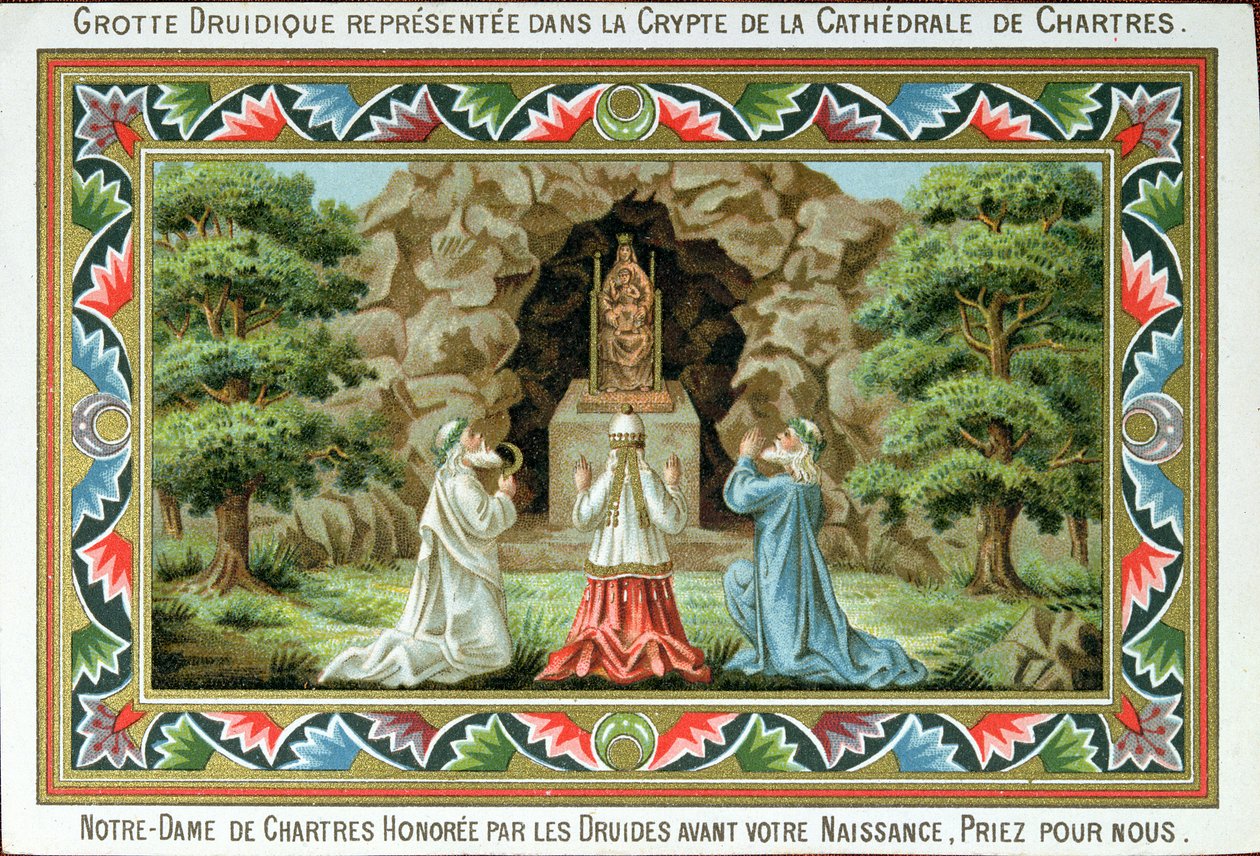 Druidzi modlący się przy posągu Madonny z Dzieciątkiem na miejscu groty w Chartres, 1887 autorstwa French School