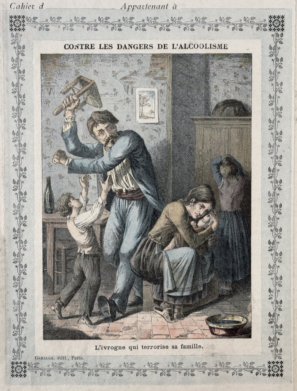 Pijak terroryzujący rodzinę, okładka szkolnego zeszytu. ok. 1900 autorstwa French School
