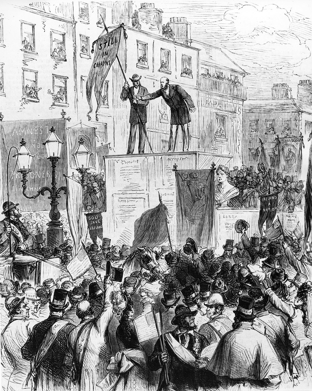 Dublin – Obchody stulecia urodzin Daniela OConnella: Pan Sullivan, poseł, przemawia do ludzi na Sackville Street, z Le Monde Illustré, 1875 autorstwa French School