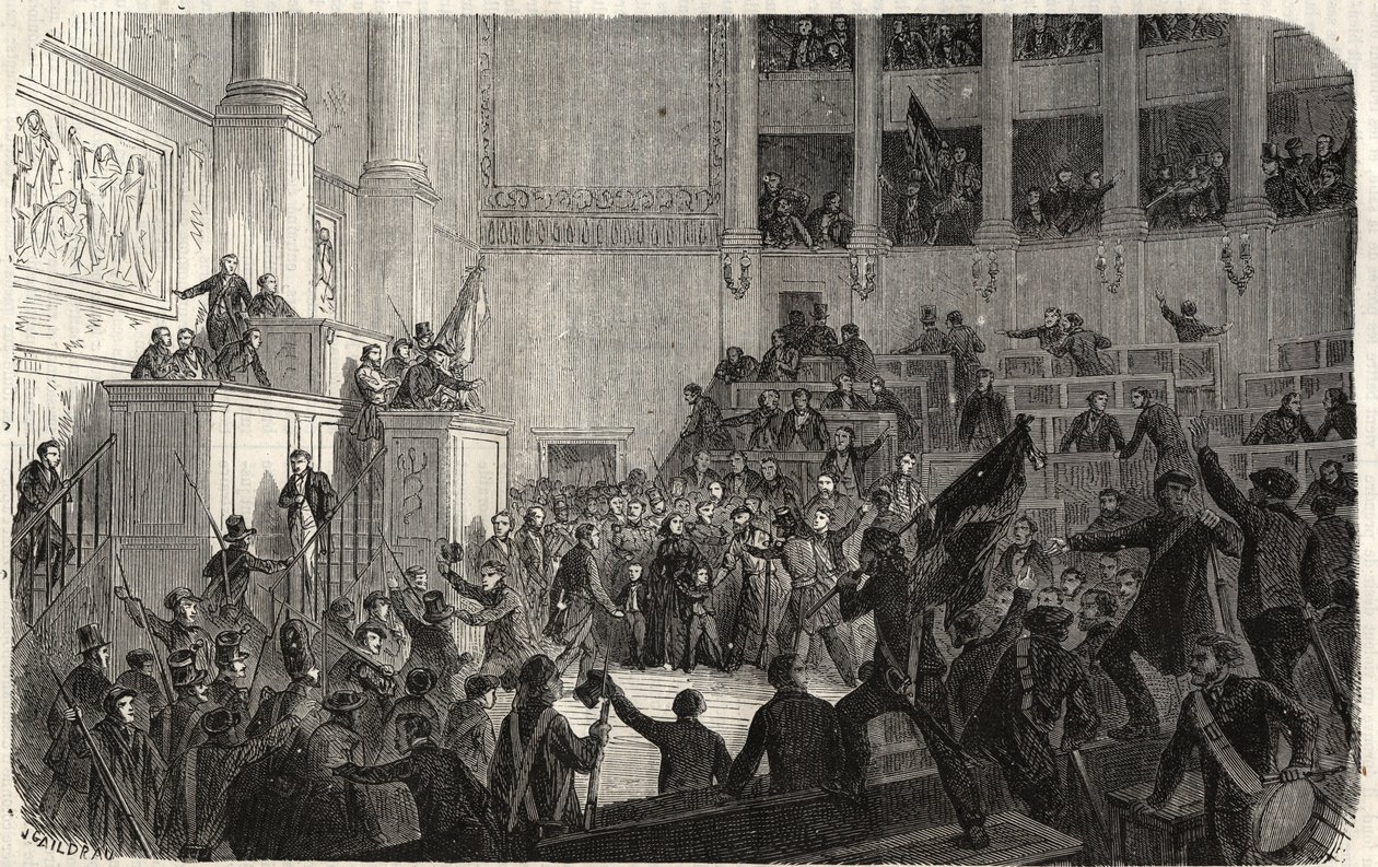 Księżna Orleańska w Izbie Deputowanych (1848), Paryż, Francja - Rewolucja 1848 - Księżna Orleańska w Izbie Deputowanych w Paryżu w czasie proklamowania Republiki” (Helene de Mecklembourg Schwerin, Księżna Orleańska tri autorstwa French School