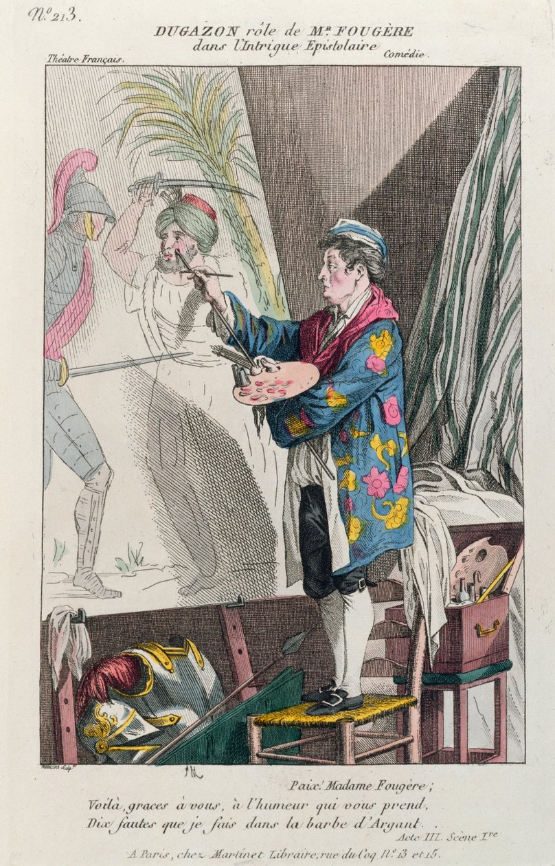 Dugazon w roli malarza Fougère w Intrydze Epistolaire, wyprodukowanej w Paryżu w Théâtre Français, 1799 (kolorystyka) autorstwa French School
