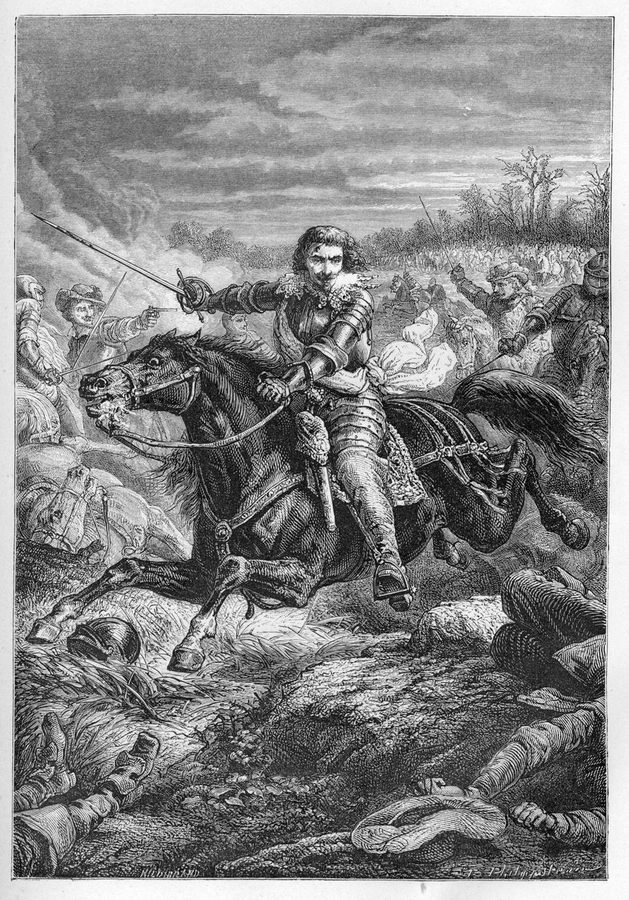 Książę Henryk II Montmorency (Montmorenci) (1595-1632) w bitwie pod Castelnaudary w 1632 r. - książę Montmorency. Walka w Castelnaudary - rycina z ""L