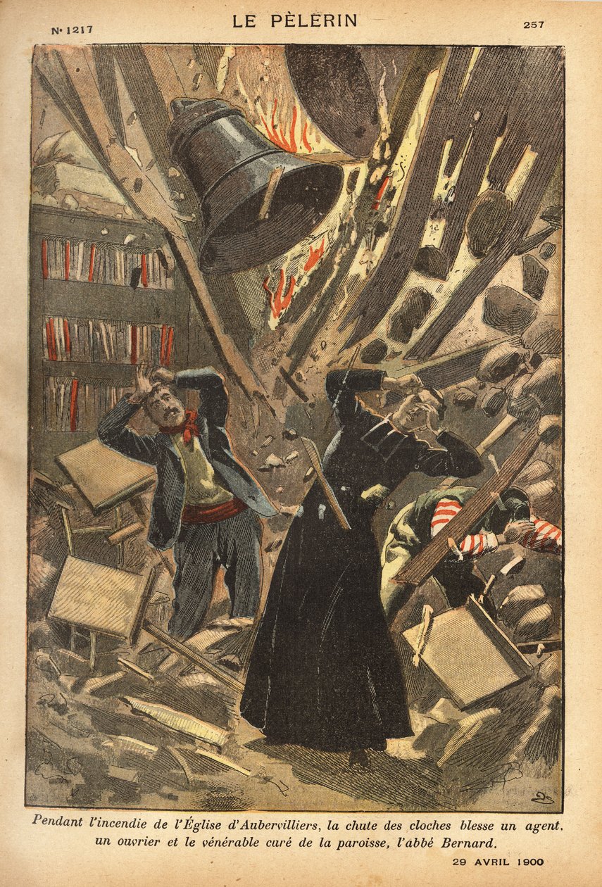 Podczas pożaru kościoła w Aubervilliers upadek dzwonów zranił agenta, robotnika i opiekuna parafii. Rycina w "Le pelerin" 29/04/1900. Kolekcja Selva. autorstwa French School