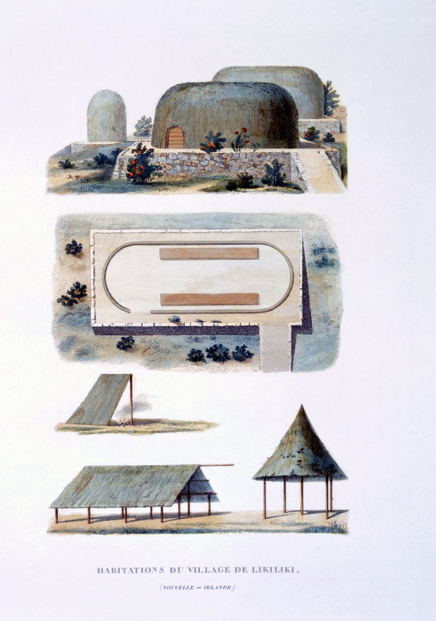 Mieszkania w wiosce Likiliki, Nowa Irlandia, 1826 r. autorstwa French School