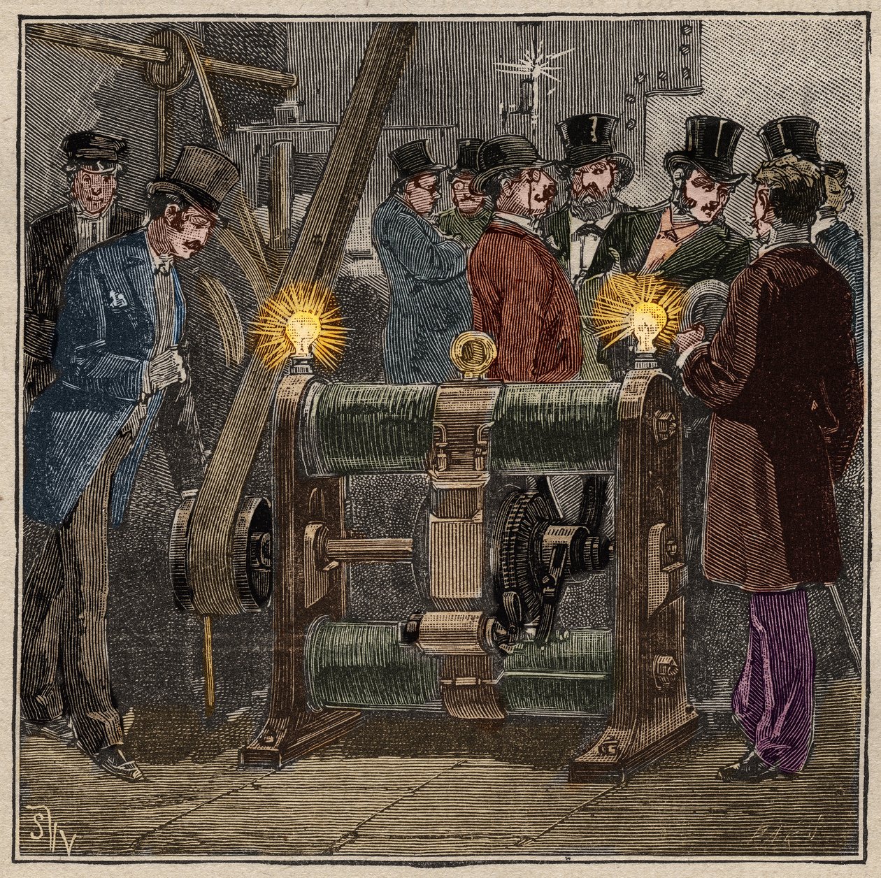 Maszyna elektryczna dynamo typu Gram (Zenobe Theophile Gram) wytwarzająca prąd stały, doświadczenie elektryczne w maszynowni Conservatoire des arts et metiers de Paris (ok. 1881 r.). Grawer z 1885 r. w „Les arts et metiers illustres” autorstwa Ad autorstwa French School