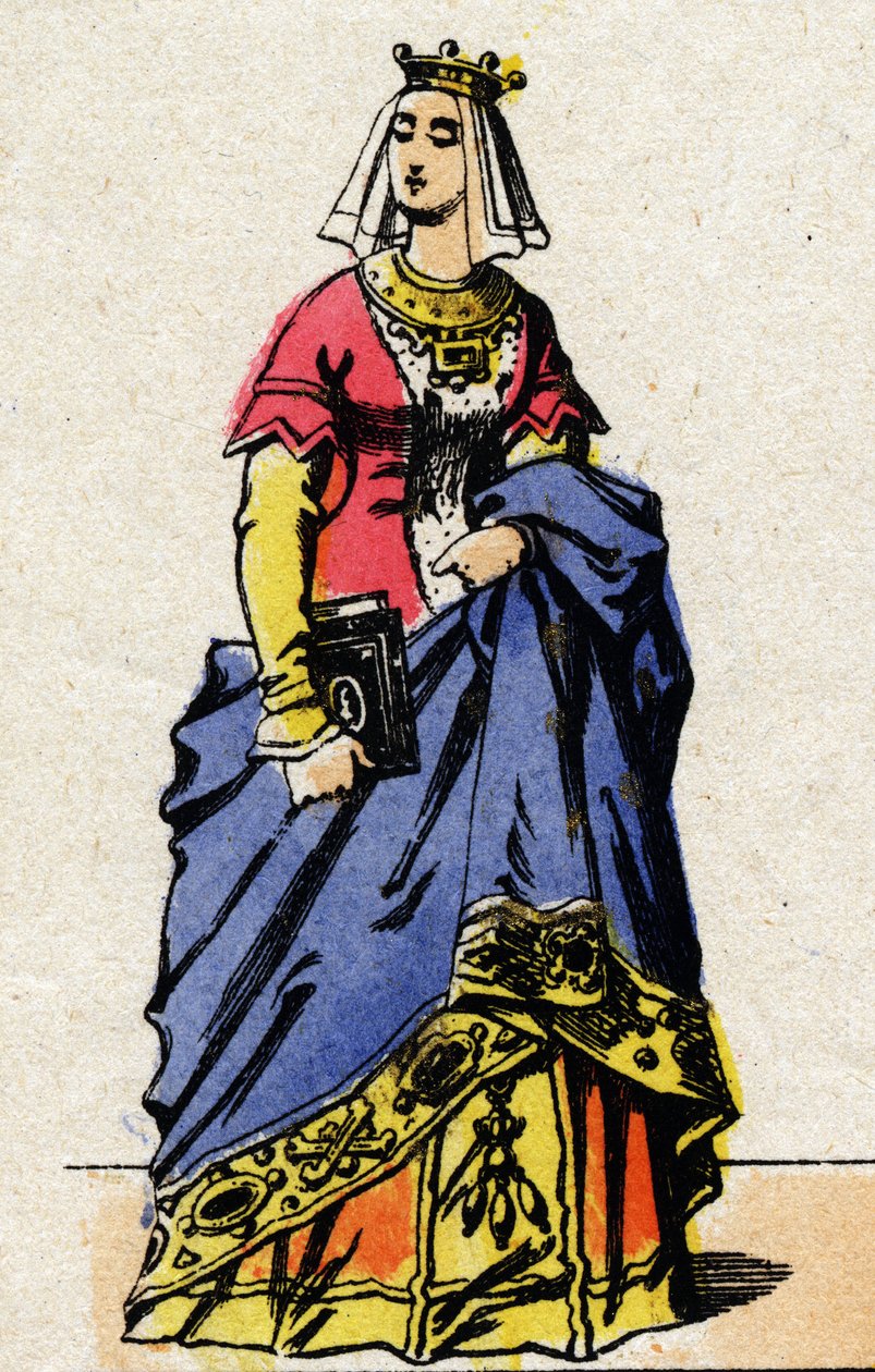 Dynastia Walezjuszów: Portret Charlotte de Savoie (1441–1483) Królowa Francji, żona Ludwika XI Francji, znana jako Roztropna (1423–1483). Obrazowanie epinal z końca XIX wieku. Prywatna kolekcja. autorstwa French School