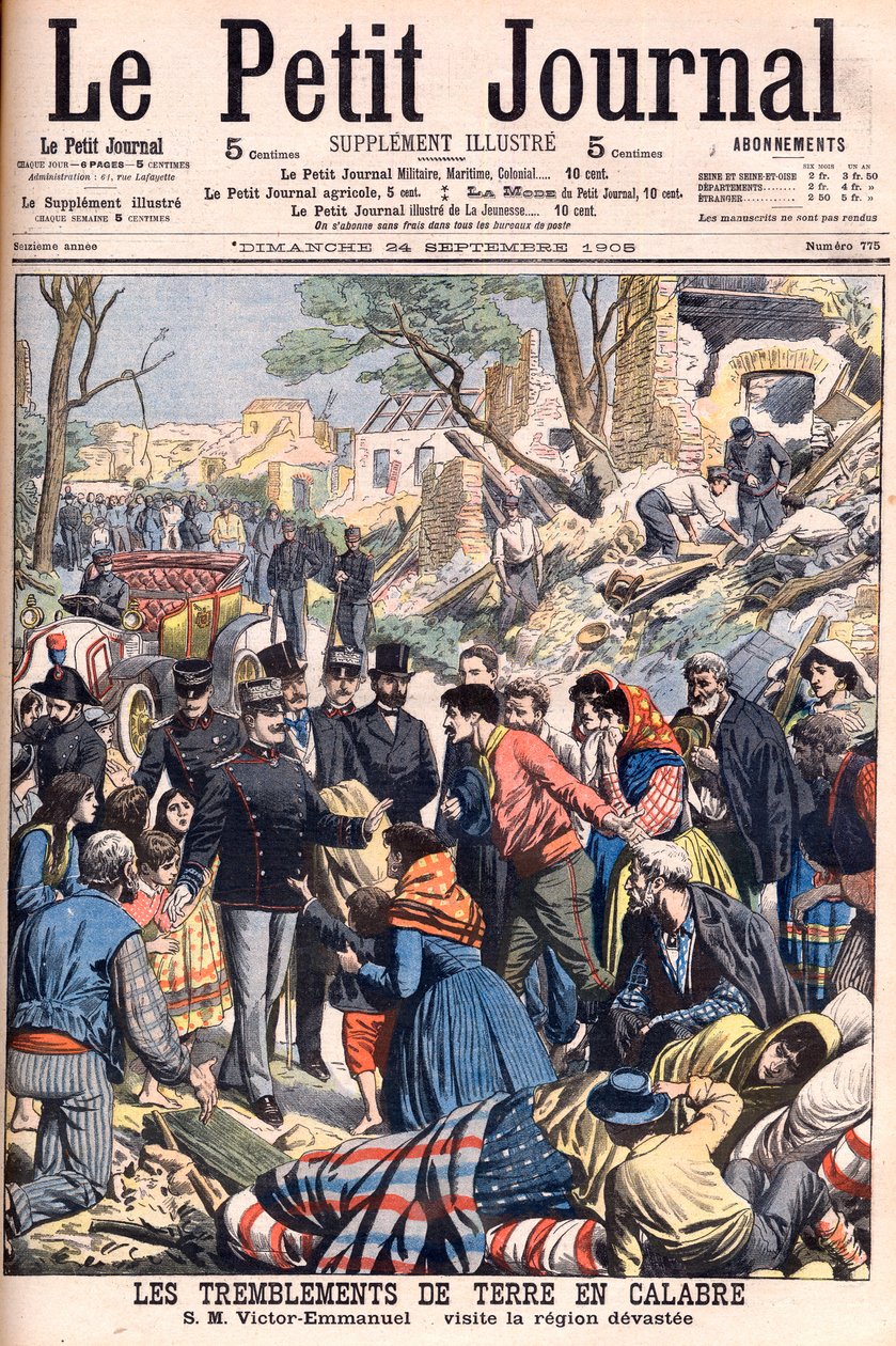 Trzęsienie ziemi w Kalabrii we Włoszech. Król Wiktor Emanuel III odwiedzający zdewastowane regiony. Trzęsienia ziemi w Kalabrii. SM Victor-Emmanuel odwiedza zniszczony region. Ilustracja do Le petit Journal, 24 września 1905. Wiktor Emanuel III Włoch (Vitt autorstwa French School