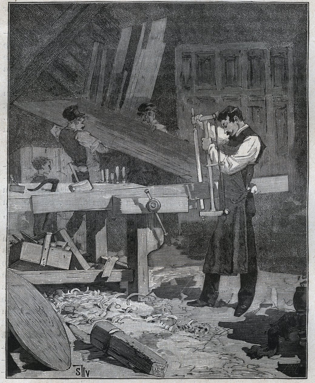 Ebenisterie: ebenist pracownik dzielący deskę w ustalonym. Grawer z 1885 roku w „Les arts et metiers illustres” Adolphe BITARD. autorstwa French School