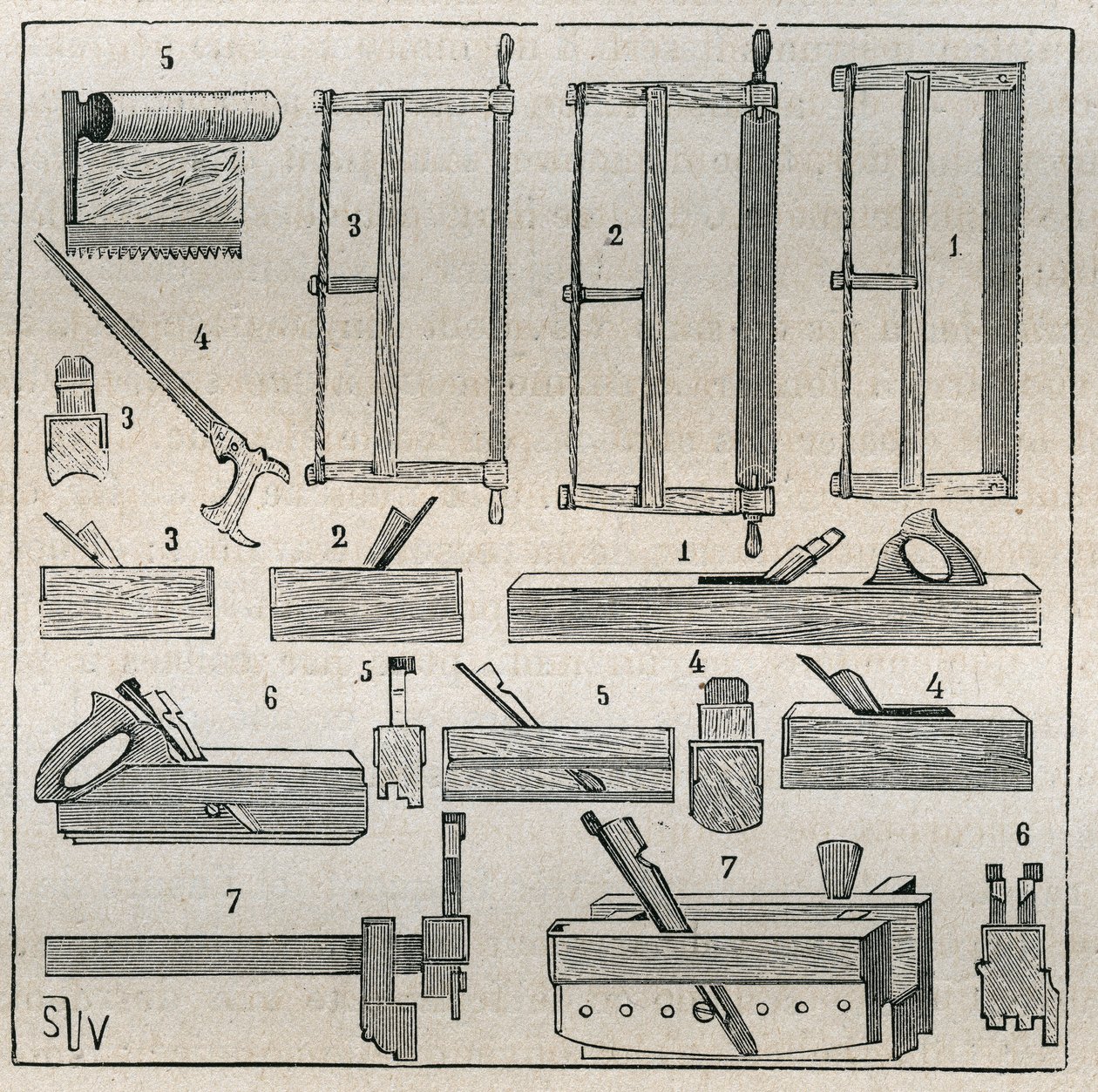 Ebenisterie: zwykłe narzędzia, piły i struganie. Grawer z 1885 roku w „Les arts et metiers illustres” Adolphe BITARD. autorstwa French School
