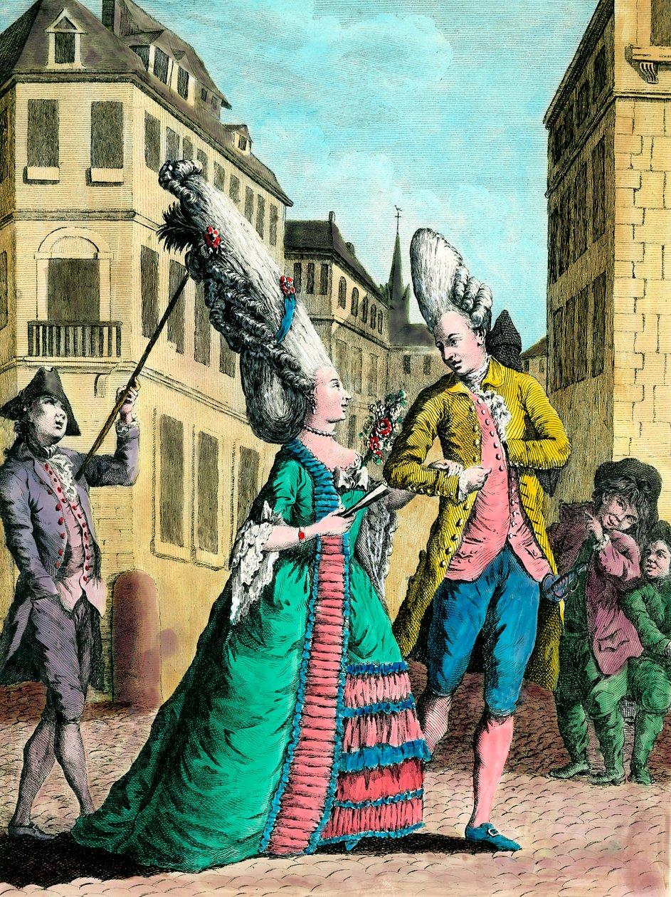 Ekscentryczne fryzury w XVIII wieku: Francuzka na spacerze. Rycina z XVIII wieku. Prywatna kolekcja. autorstwa French School