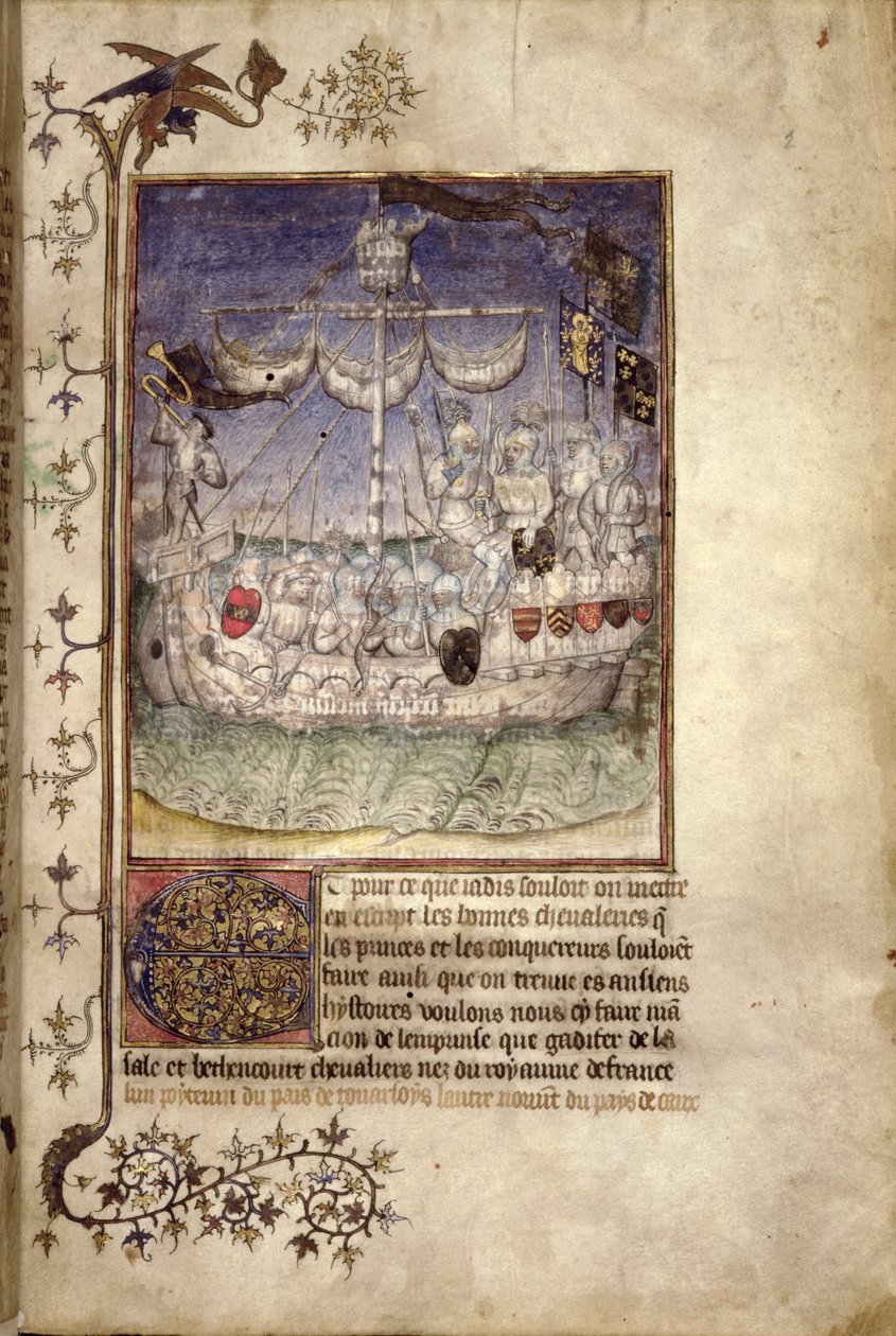 Np. 2709 fol.2 Statek pełen uzbrojonych ludzi z „Le Canarien. Historia podboju Wysp Kanaryjskich, c.1420-30 (welum) autorstwa French School