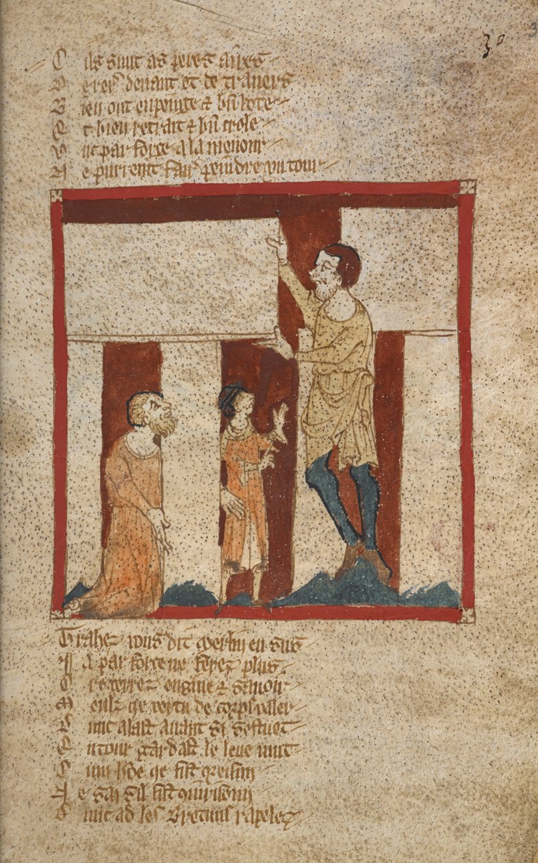Egerton 3028, f.30 Budynek Stonehenge. Stonehenge został zbudowany z pomocą Merlina w połowie XIV wieku autorstwa French School