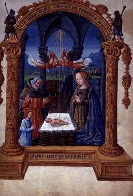 Egerton 940 f.9 Narodzenia, z The Treasure (Siedem Zasad Wiary) Jeana de Meung (welum) autorstwa French School