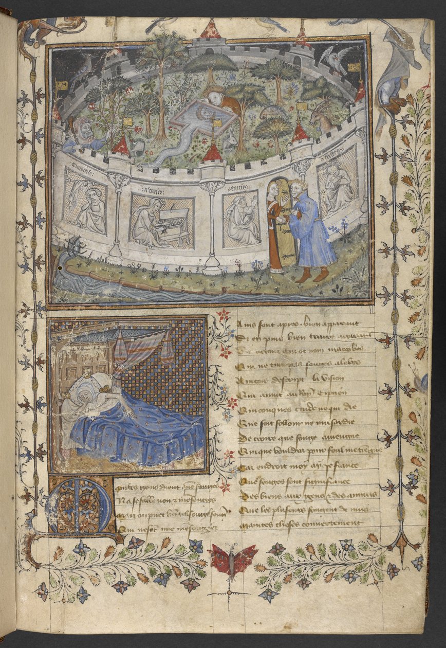 Egerton MS 1069 f.001r The Walled Garden, ilustracja z „Roman de la Rose”, Guillaume de Lorris i Jean de Meung, ok. 1400 (tusz i kolor na pergaminie) autorstwa French School