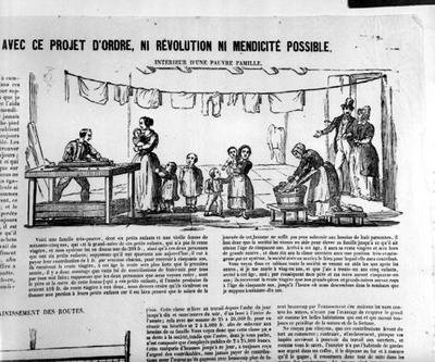 Plakat wyborczy przedstawiający wnętrze ubogiej rodziny autorstwa French School