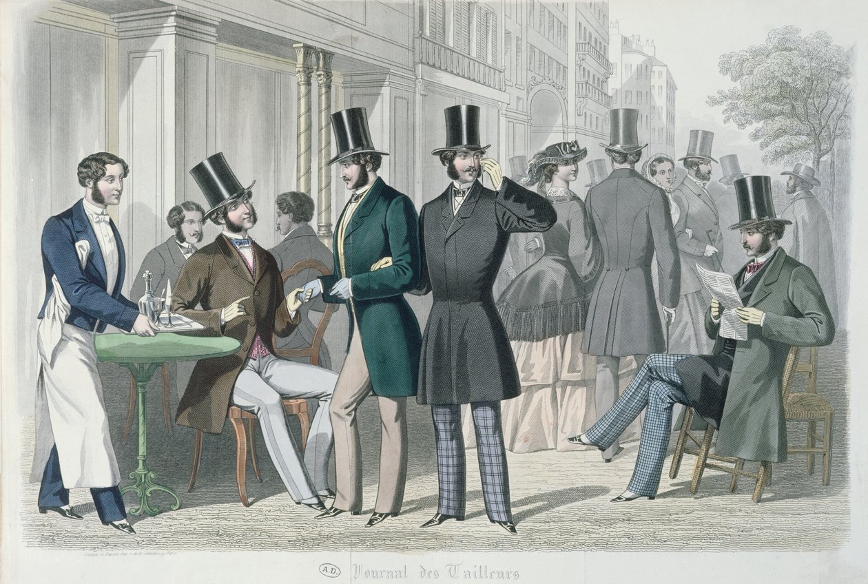 Eleganccy młodzi mężczyźni na tarasie kawiarni, 1857 (kolor grawerowany) autorstwa French School