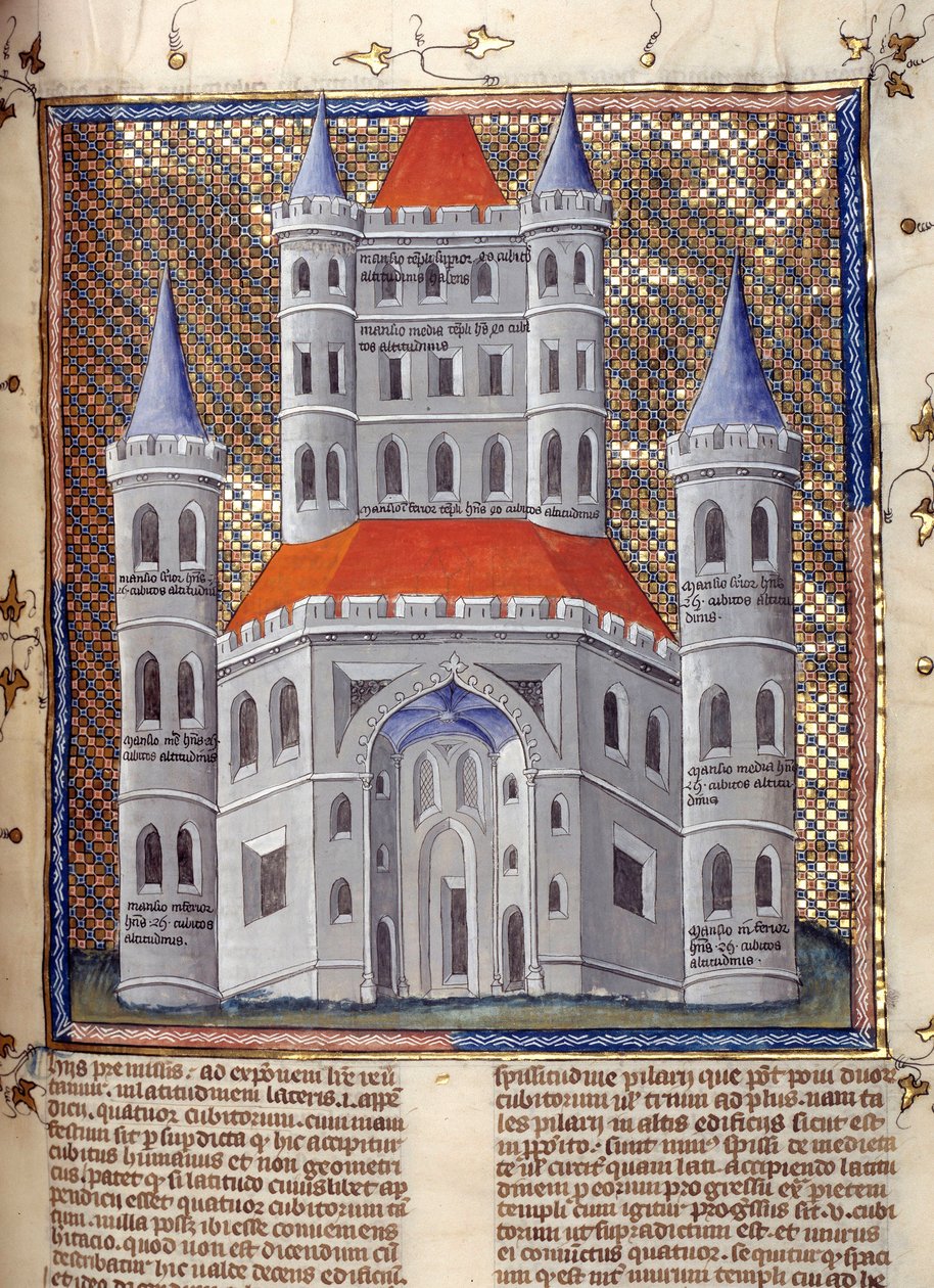 Elewacja fasady Świątyni Salomona w Jerozolimie Miniatura zaczerpnięta z "Komentarzy do Biblii" Mikołaja z Liry (XIII w.) XIV w. Cambrai, biblioteka miejska autorstwa French School