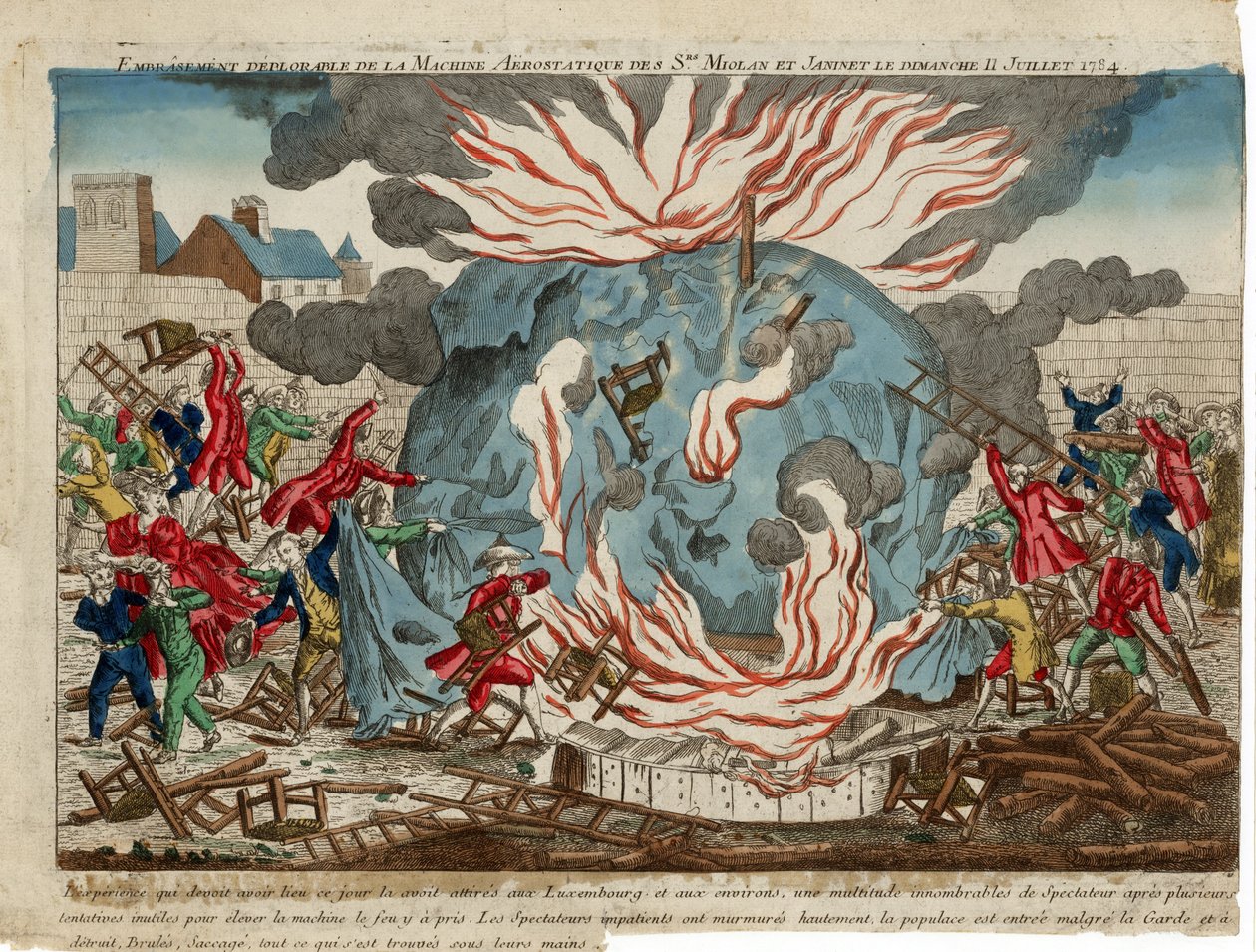 Godna ubolewania pożoga maszyny aerostatycznej Srs. Miollan i Janinet w niedzielę 11 lipca 1784 r. wyd. 1784 (grawerowanie ręcznie kolorowane) autorstwa French School