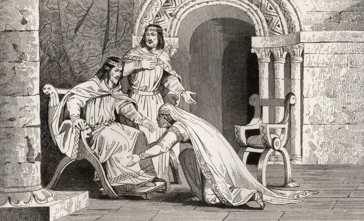 Emme całuje kolano swojego męża Raoula (zm. 936) w uznaniu jego suwerenności, z „Histoire de France” Colarta, wydanej ok. 1840 r. autorstwa French School