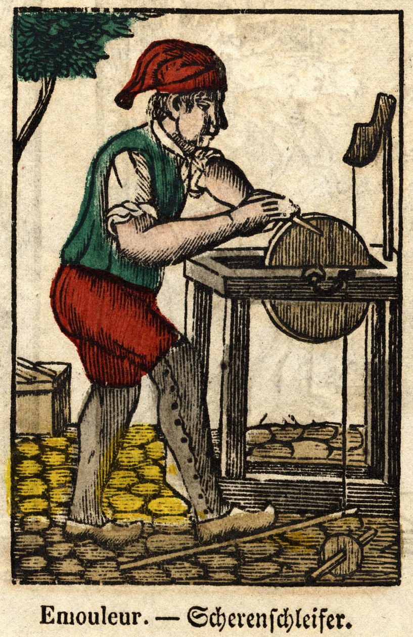 Emouleur (polega na ostrzeniu przedmiotów za pomocą ściernicy); Seria o rzemiośle, wizerunek Epinal z XIX wieku. autorstwa French School