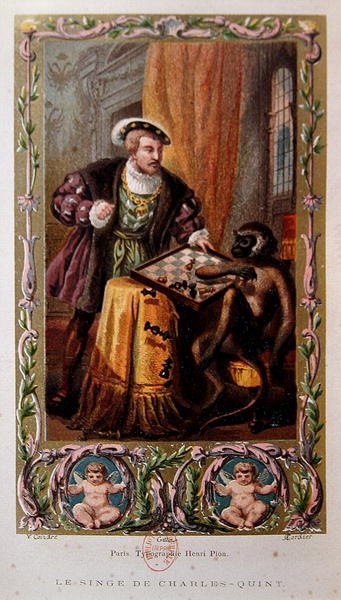 Cesarz Karol V i małpa, ilustracja z „Legends of the Seven Deadly Sins” Collina de Plancy, wydanej w Paryżu 1864 (kolor lito) autorstwa French School