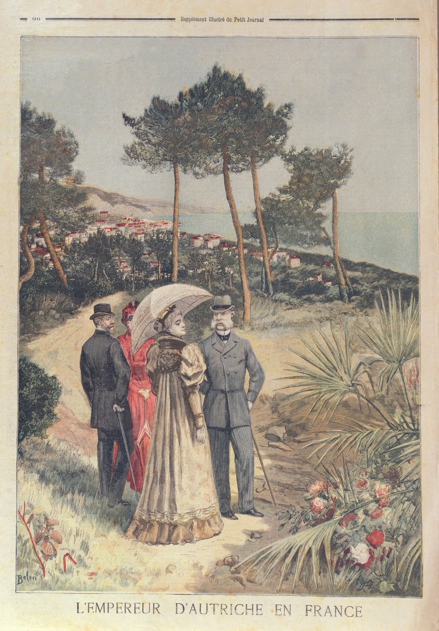 Cesarz Franciszek Józef z Austrii na wakacjach na Riwierze Francuskiej z żoną cesarzową Elżbietą, 1894 (kolor litho0 autorstwa French School