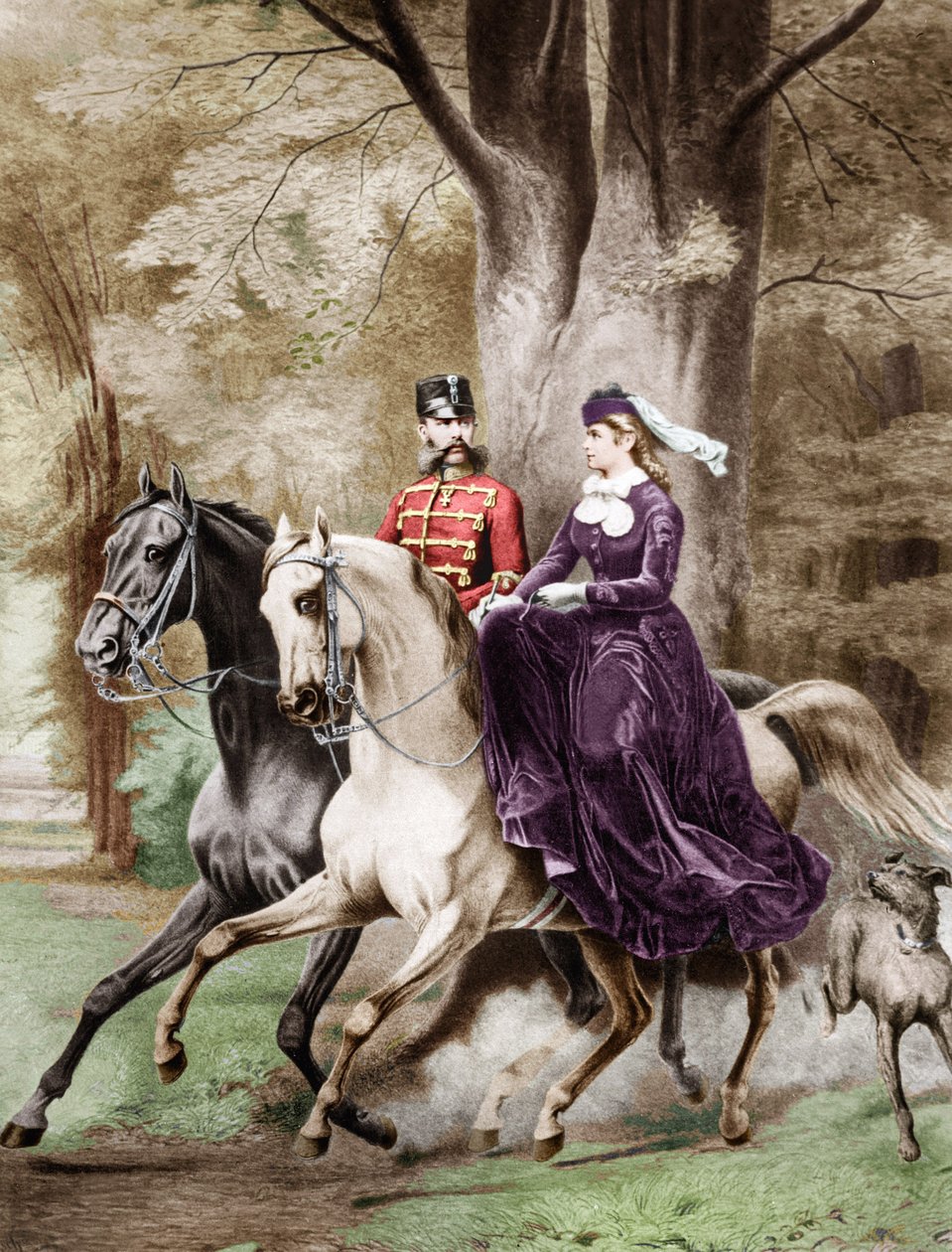Cesarz Franciszek Józef I i cesarzowa Elżbieta Austriacka z Wittelsbach (1837-1898) jadący konno (rycina) autorstwa French School