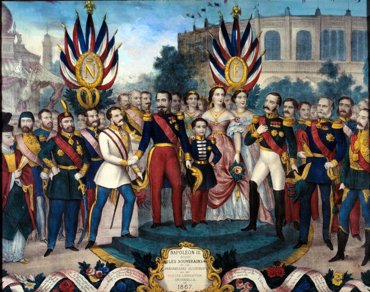 O imperador Napoleão III (1808-1873) recebeu soberanos estrangeiros na Gravura da Exposição Universal de 1867 do século XIX. Museu do Castelo de Compiegne autorstwa French School