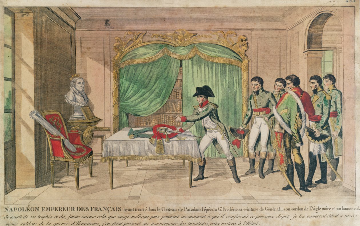 Cesarz Napoleon I kontemplujący miecz Fryderyka Wielkiego pod Poczdamem w 1806 r. (kolorystyka) autorstwa French School