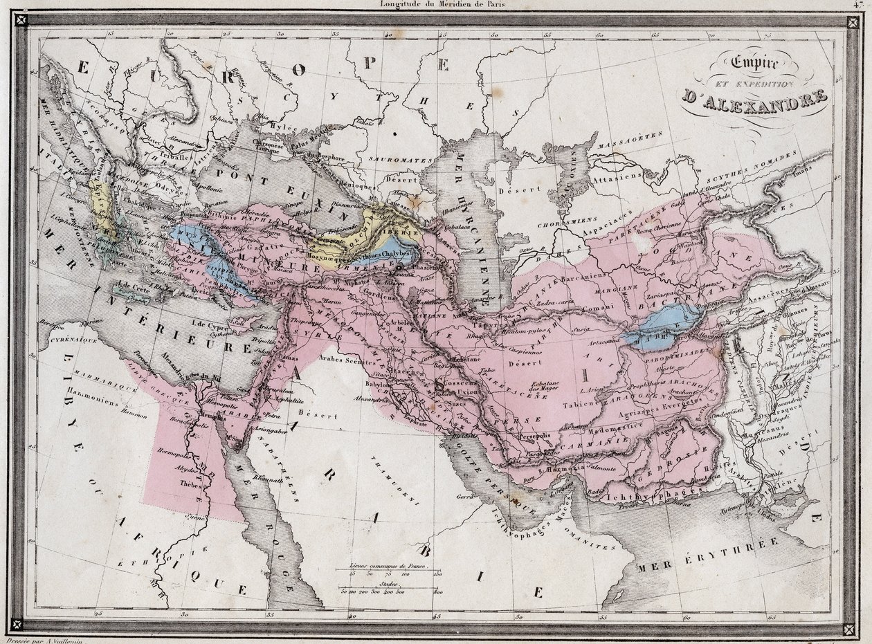 Imperium i Ekspedycja Aleksandra Wielkiego – płyta z „Uniwersalnego atlasu geografii starożytnej i nowożytnej na użytek szkół rezydencyjnych” Vuillemina - ca. 1845 autorstwa French School