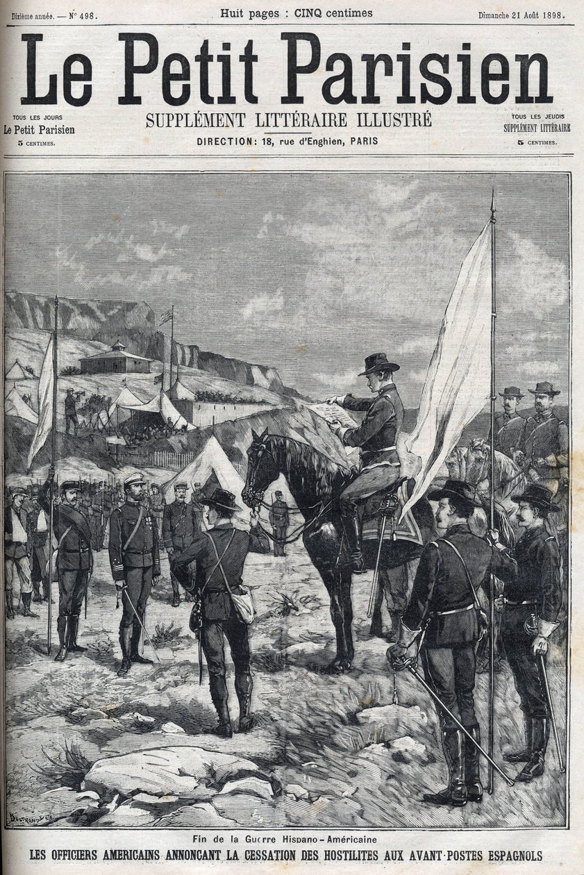 Koniec wojny amerykańsko-hiszpańskiej (American Hispano) w 1898 roku. Amerykańscy oficerowie ogłaszają zaprzestanie działań wojennych na hiszpańskich placówkach. Grawer w „Le petit parisien”” z 1898 r. autorstwa French School