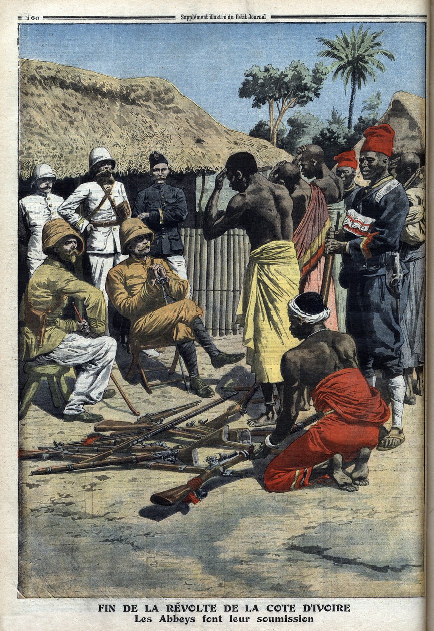 Koniec buntu na Wybrzeżu Kości Słoniowej, poddanie się opactwa komandorowi Noguesowi, ilustracja z „Le Petit Journal”, dodatek sławny autorstwa French School