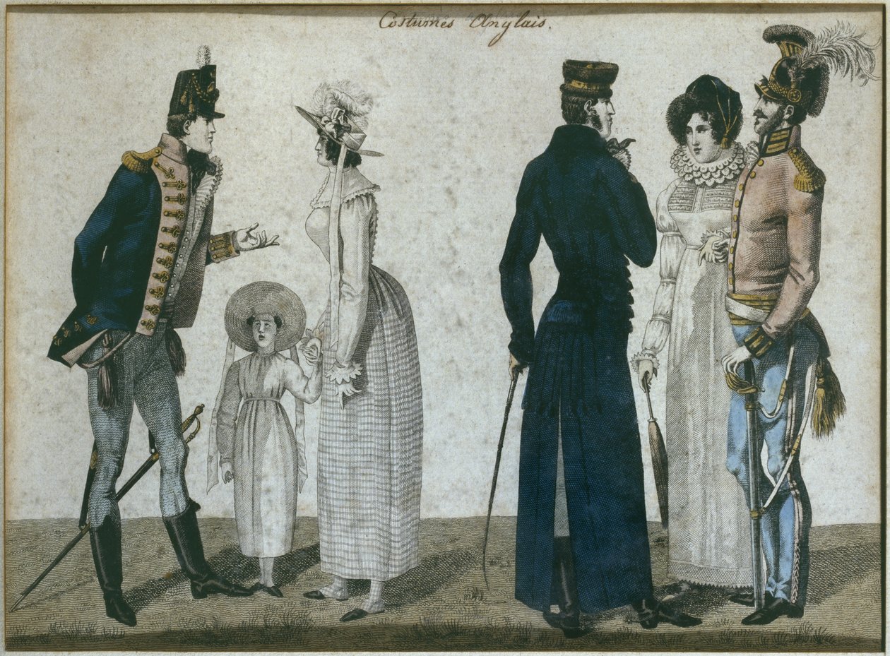 Stroje angielskie, ilustracja z Le Bon Genre, pocz. XIX w. (kolorystyka) autorstwa French School