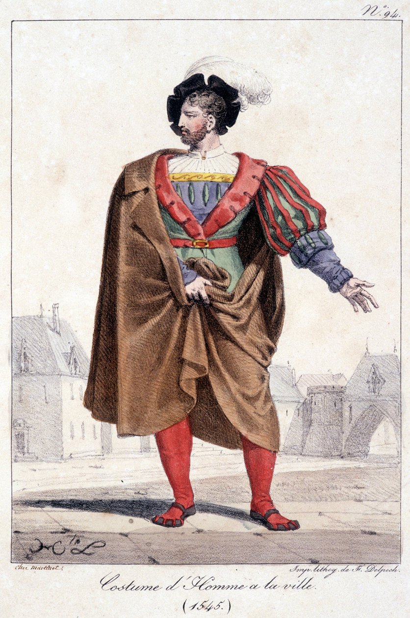 Rycina przedstawiająca człowieka z miasta w stroju około 1545 roku. autorstwa French School