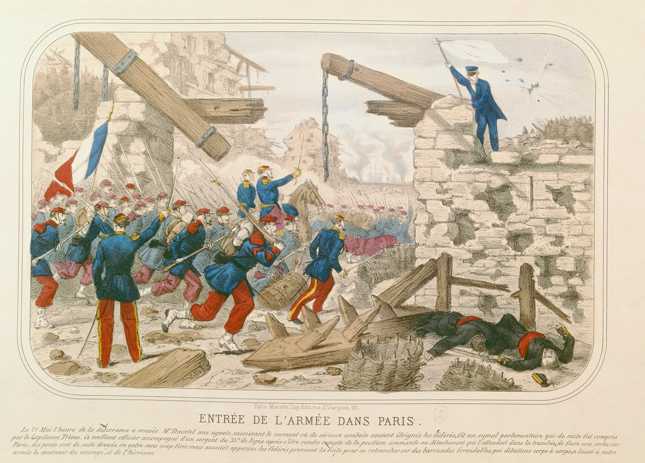 Wjazd wojsk do Paryża, 21 maja 1871 (kolorowy grawerunek) autorstwa French School