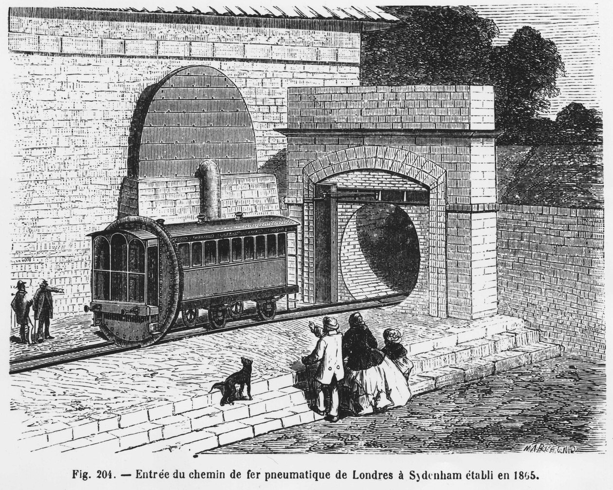 Wejście kolei pneumatycznej z Londynu do Sydenham, założonej w 1865 r. – w „Cudach nauki” L. Figuiera. ¿ autorstwa French School