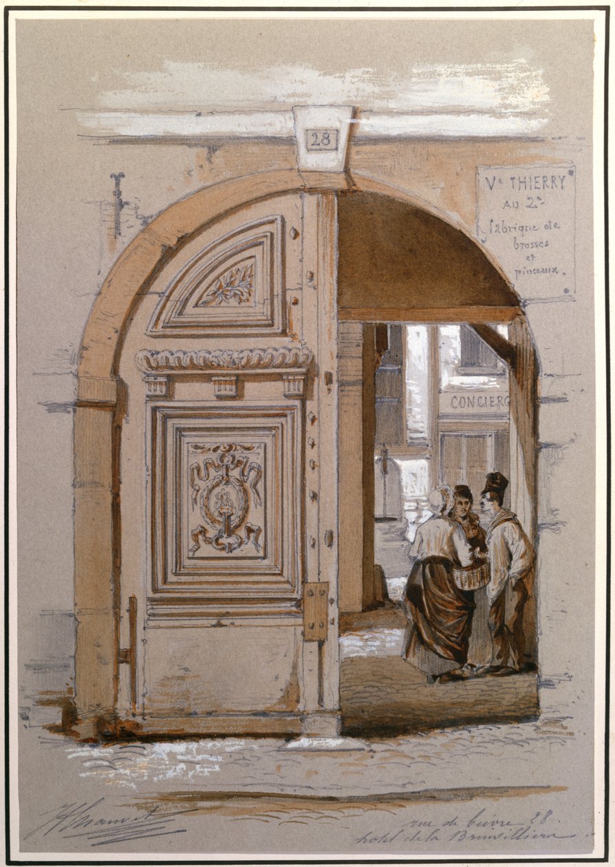 Wejście do hotelu Marquise de Brinvilliers, 28 rue de Bievre, Paryż (kreda i gwasz na papierze) autorstwa French School