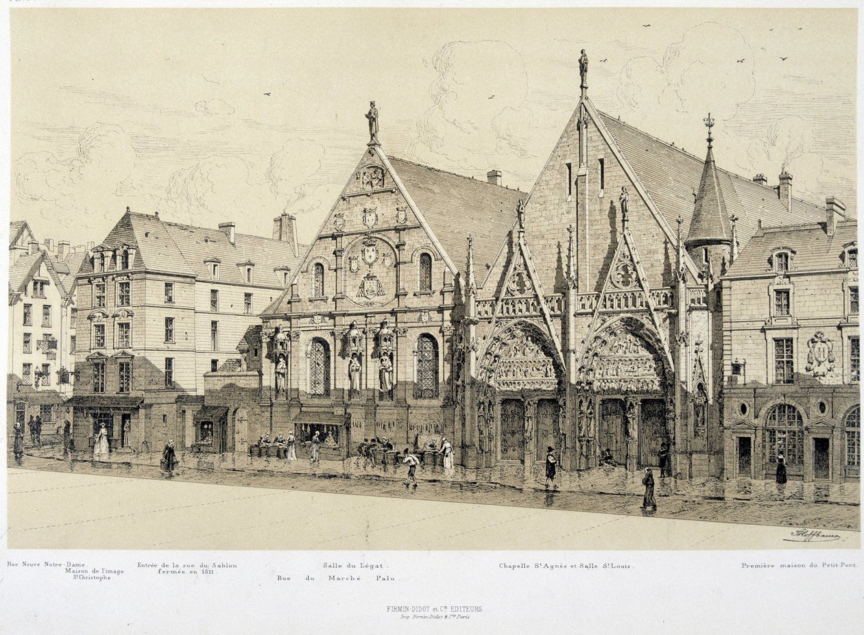 Wejście do Hotel-Dieu (Hotel Dieu), rue du Marche Palu, 1590 - w „Paryżu przez wieki”, koniec XIX wieku autorstwa French School